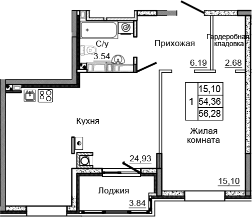 Планировка — Донской, 2-комн., 52 м²