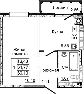 Планировка — Донской, 1-комн., 33 м²