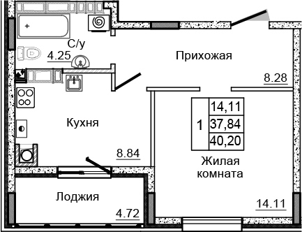 Планировка — Донской, 1-комн., 35 м²