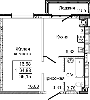 Планировка — Донской, 1-комн., 34 м²