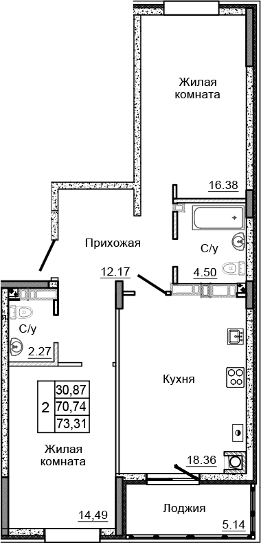 Планировка — Донской, 3-комн., 68 м²