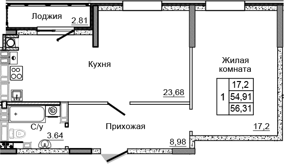 Планировка — Донской, 2-комн., 54 м²
