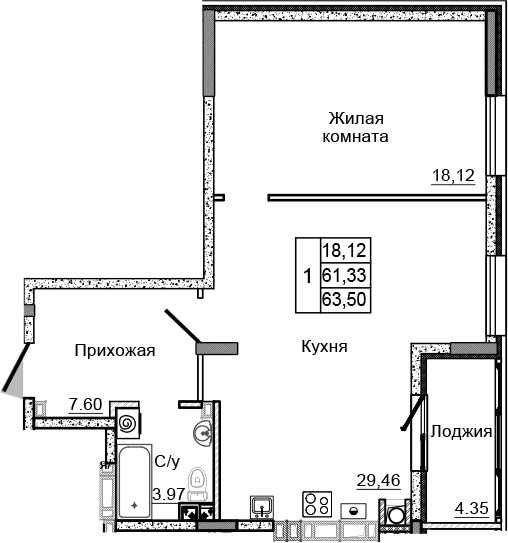 Планировка — Донской, 2-комн., 59 м²