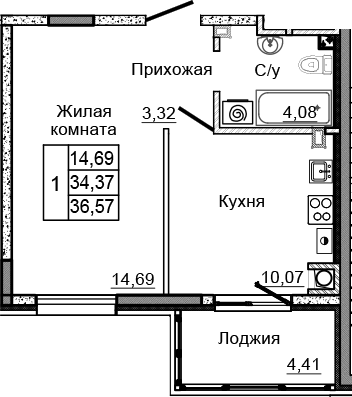 Планировка — Донской, 1-комн., 32 м²