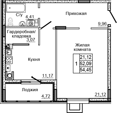 Планировка — Донской, 1-комн., 50 м²