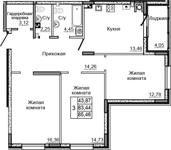 Планировка — Донской, 3-комн., 81 м²