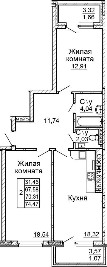 Планировка — Донской, 3-комн., 68 м²