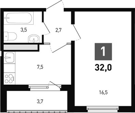 Планировка — Левенцовка парк, 1-комн., 30 м²