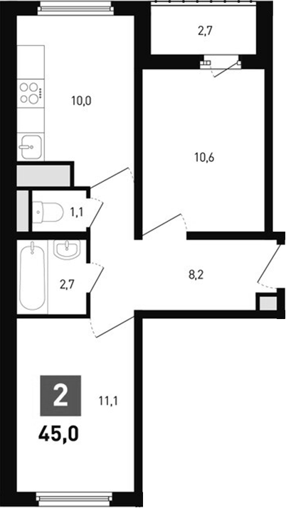 Планировка — Левенцовка парк, 2-комн., 44 м²