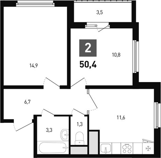 Планировка — Левенцовка парк, 2-комн., 49 м²