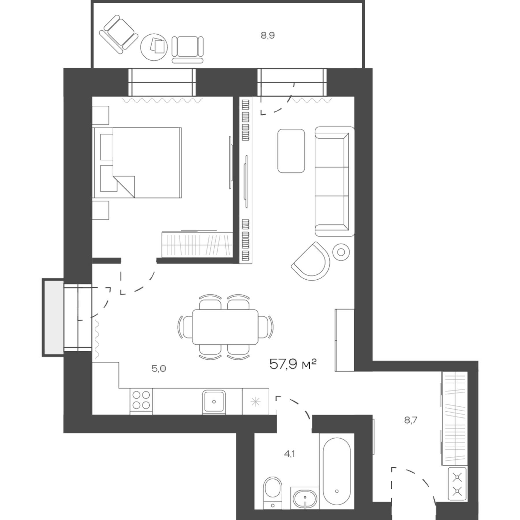 Планировка — Freedom Village, 1-комн., 58 м²