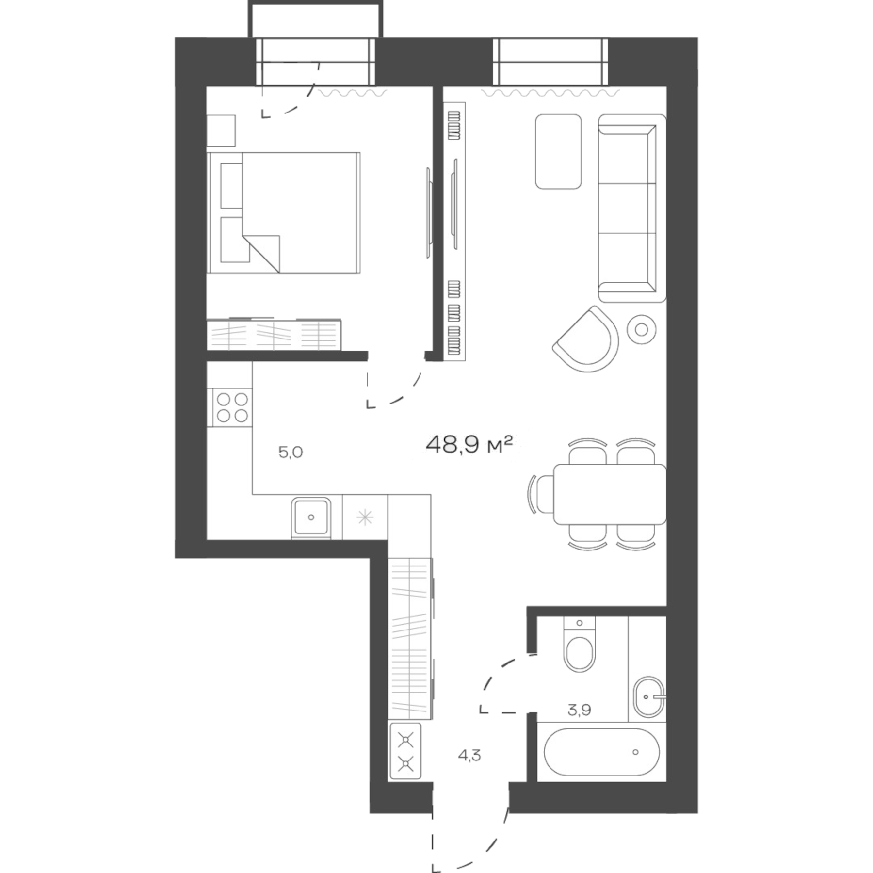 Планировка — Freedom Village, 1-комн., 49 м²