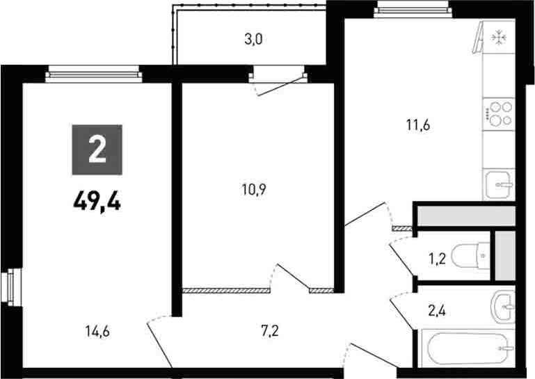 Планировка — Левенцовка парк, 2-комн., 48 м²