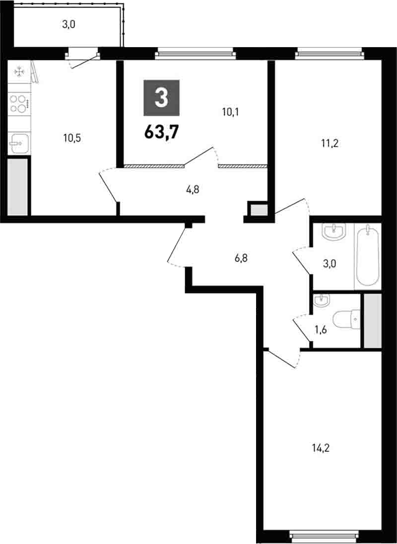 Планировка — Левенцовка парк, 3-комн., 62 м²