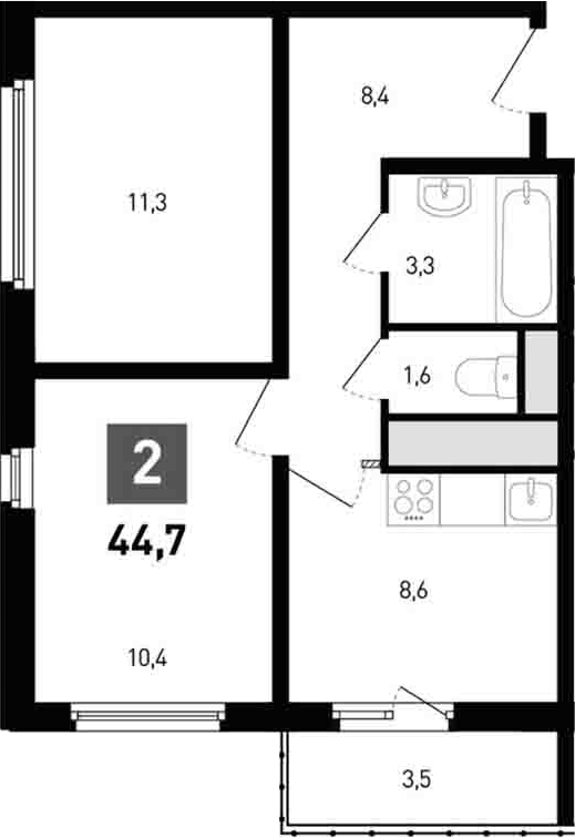 Планировка — Левенцовка парк, 2-комн., 44 м²