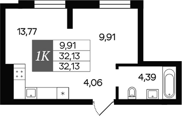 Планировка — Роза ветров, 1-комн., 32 м²