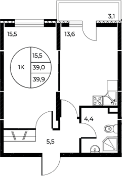 Планировка — Панорама на Театральном, 1-комн., 39 м²