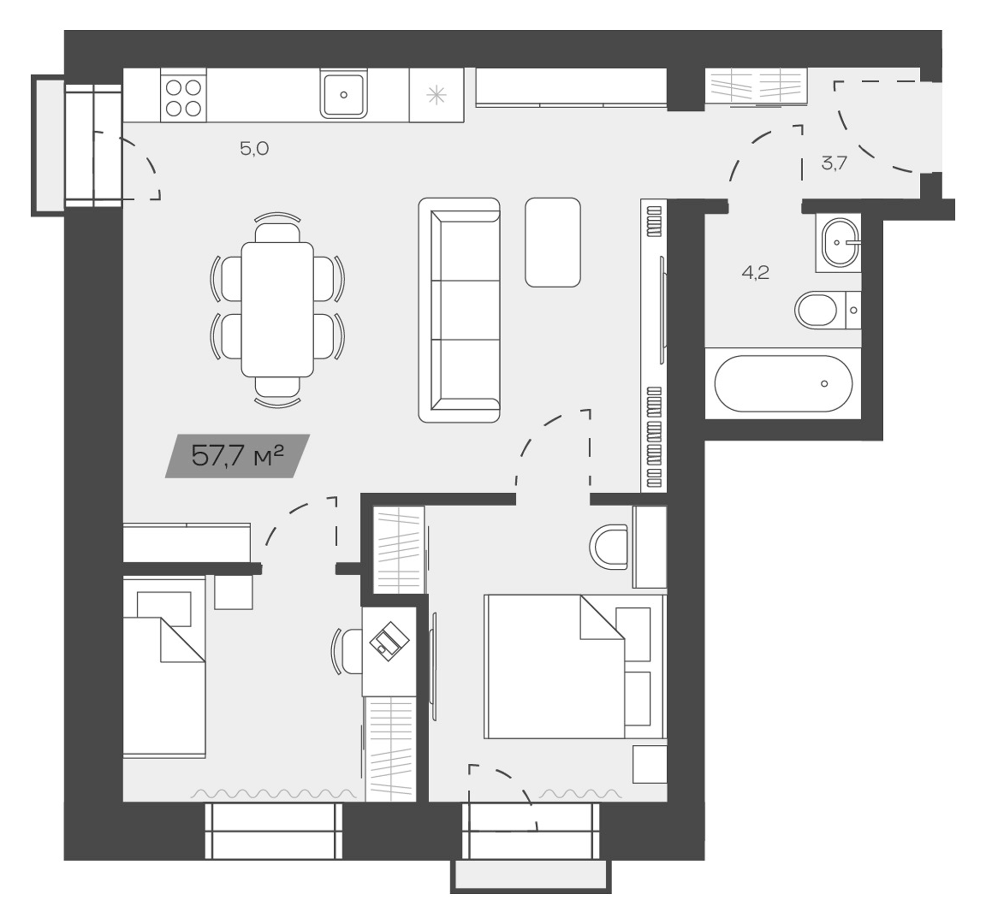 Планировка — Freedom Village, 1-комн., 58 м²