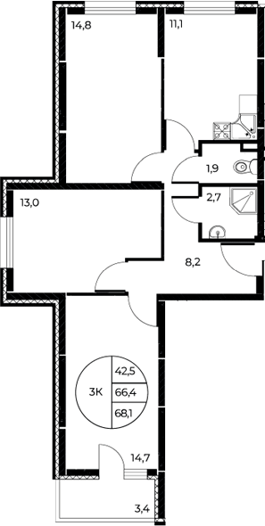 Планировка — Панорама на Театральном, 3-комн., 66 м²