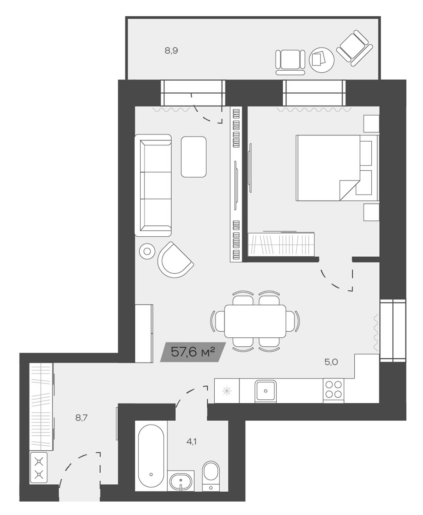 Планировка — Freedom Village, 1-комн., 58 м²