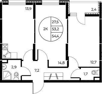 Планировка — Панорама на Театральном, 2-комн., 53 м²
