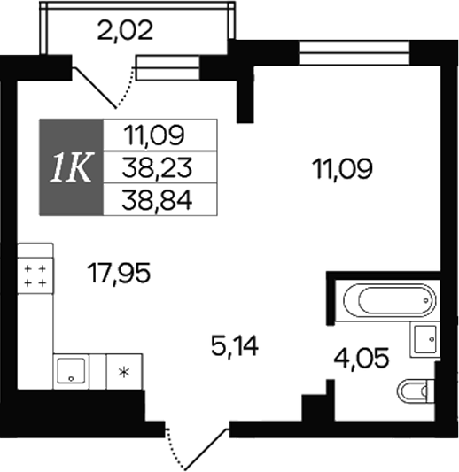 Планировка — Роза ветров, 1-комн., 38 м²