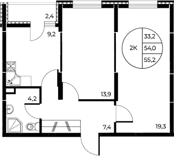 Планировка — Панорама на Театральном, 2-комн., 54 м²
