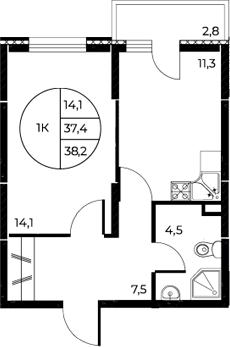 Планировка — Панорама на Театральном, 1-комн., 37 м²