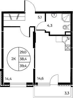 Планировка — Панорама на Театральном, 1-комн., 38 м²