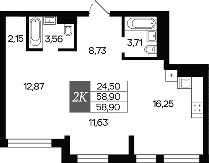 Планировка — Роза ветров, 2-комн., 59 м²
