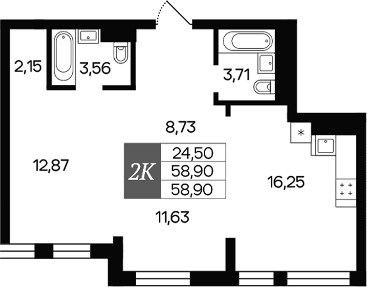 Планировка — Роза ветров, 2-комн., 59 м²