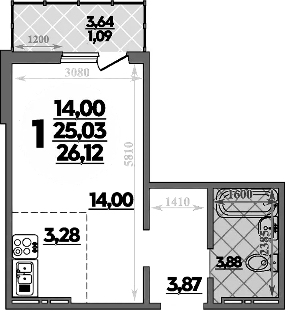 Планировка — Суворовский, Студия, 25 м²