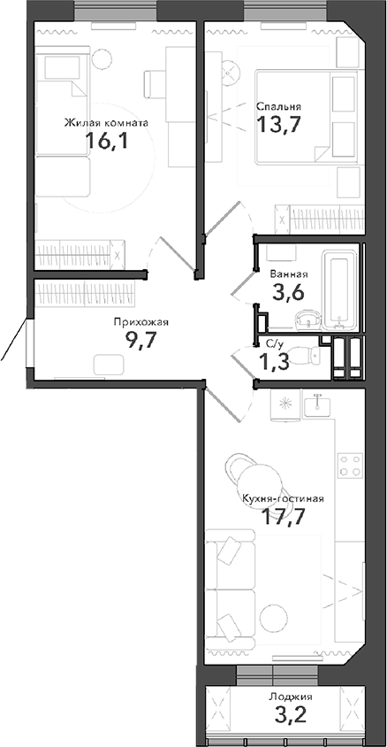 Планировка — Околица, 3-комн., 62 м²