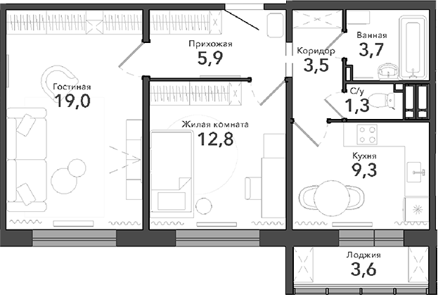 Планировка — Околица, 2-комн., 56 м²