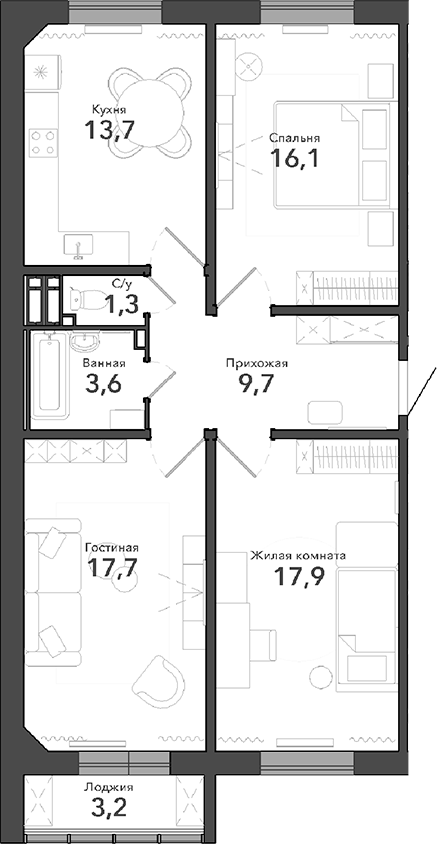 Планировка — Околица, 3-комн., 80 м²