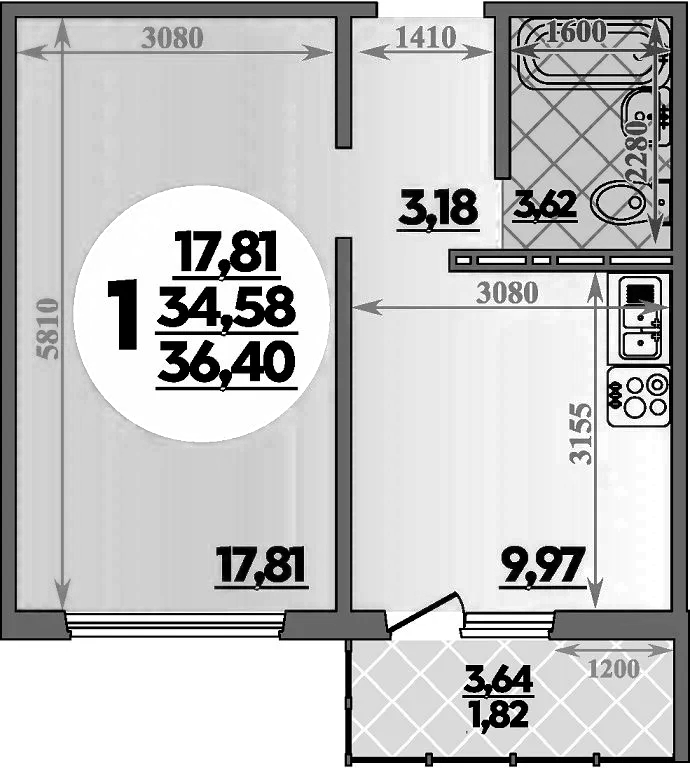 Планировка — Суворовский, 1-комн., 35 м²