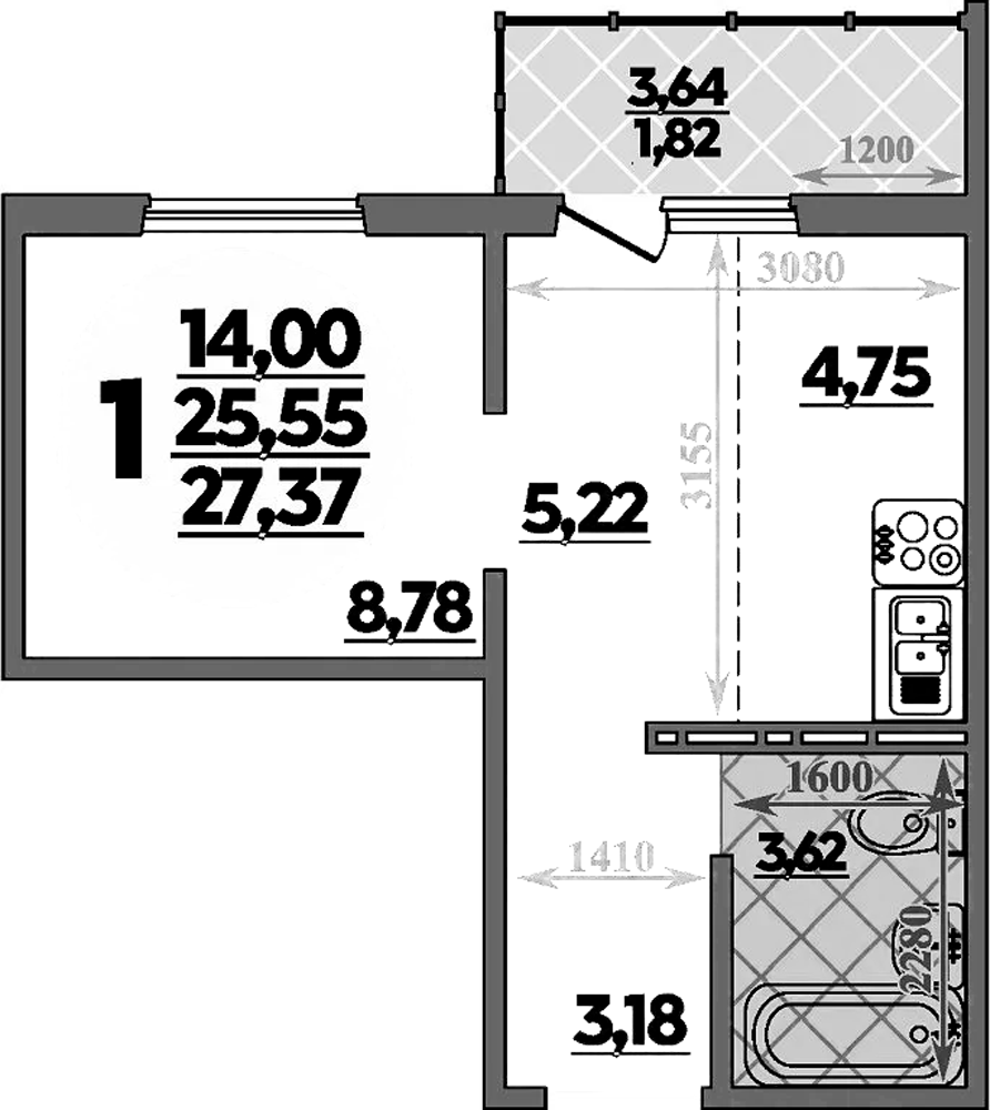 Планировка — Суворовский, 1-комн., 26 м²