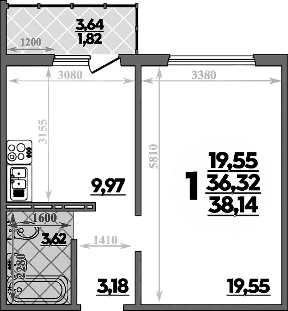 Планировка — Суворовский, 1-комн., 36 м²