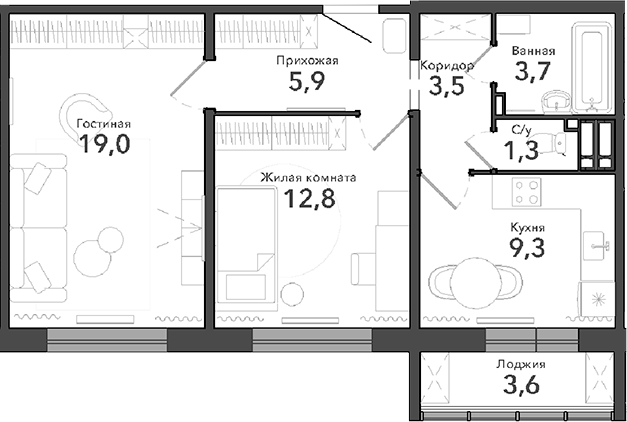 Планировка — Околица, 2-комн., 56 м²
