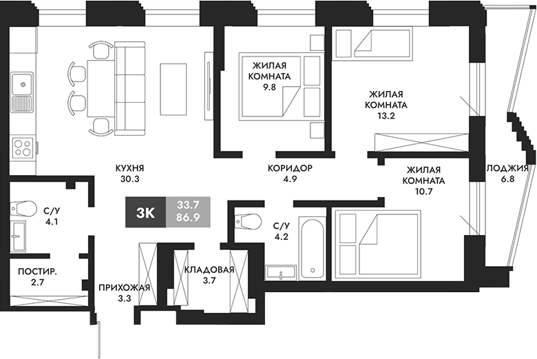Планировка — Паскаль, 3-комн., 87 м²