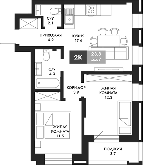 Планировка — Паскаль, 2-комн., 56 м²