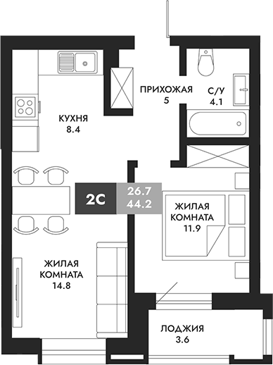 Планировка — Паскаль, 2-комн., 44 м²