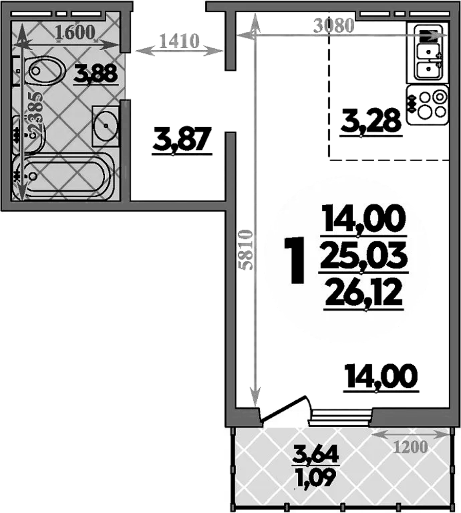 Планировка — Суворовский, Студия, 25 м²