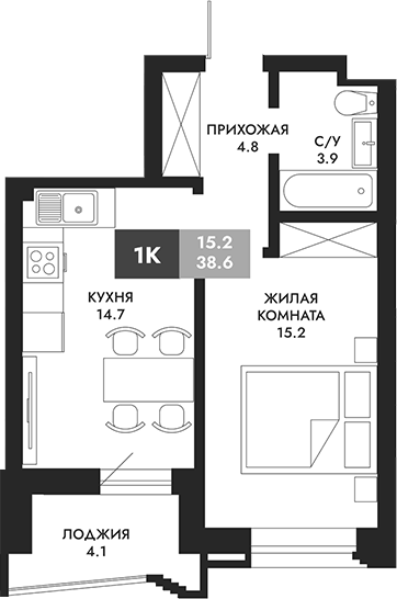 Планировка — Паскаль, 1-комн., 39 м²