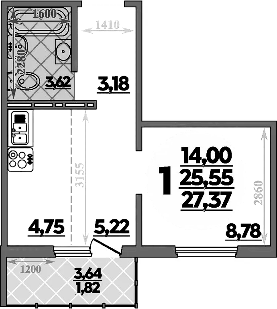 Планировка — Суворовский, 1-комн., 26 м²