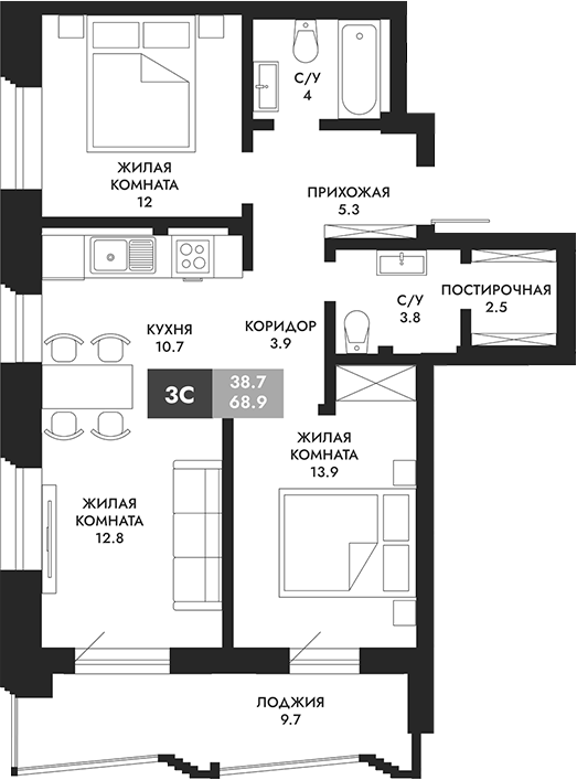 Планировка — Паскаль, 3-комн., 69 м²