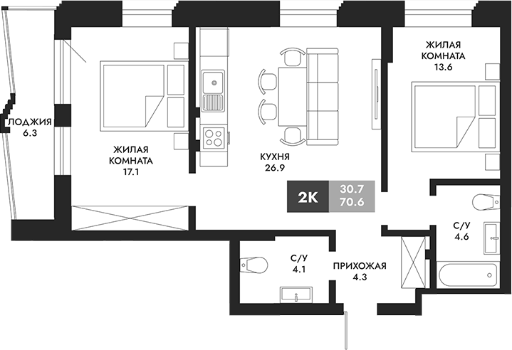 Планировка — Паскаль, 2-комн., 71 м²