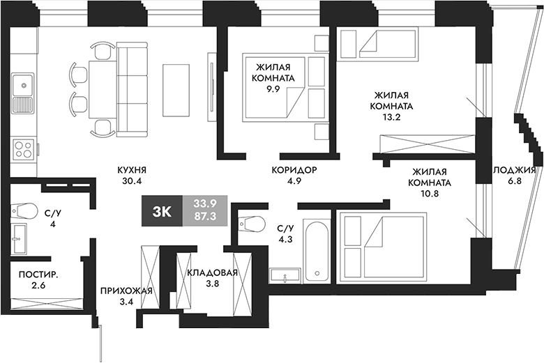 Планировка — Паскаль, 3-комн., 87 м²
