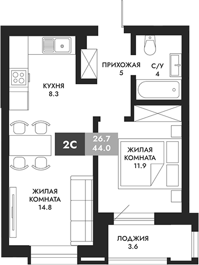 Планировка — Паскаль, 2-комн., 44 м²
