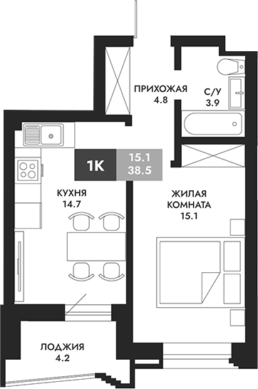 Планировка — Паскаль, 1-комн., 39 м²